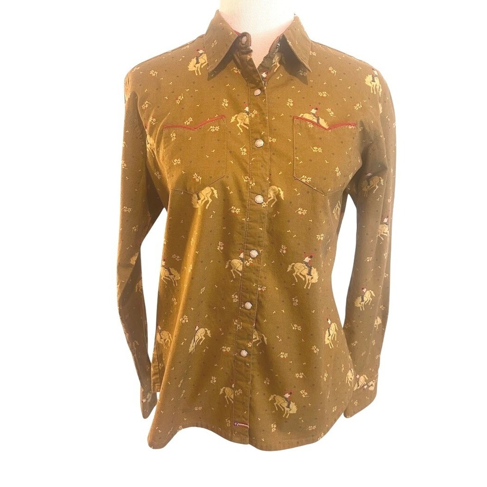 Wrangler Blues Womens Size 12 Brown Bronco Rider Print Western Pearl‎ Snap Shirt